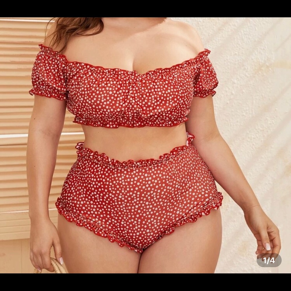 NWT PLUS Polka Dot Bardot Top w/ High Waist Bottom
